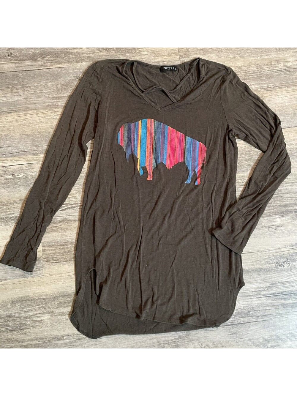 Buffalo Graphic Tunic Green Rainbow Shirt Top Zutter USA Women's Small
